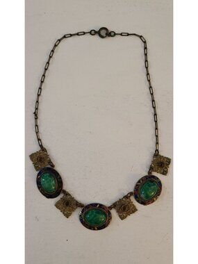 Antique Czech Art Deco Filigree Enamel & Green Glass Necklace 15.5"